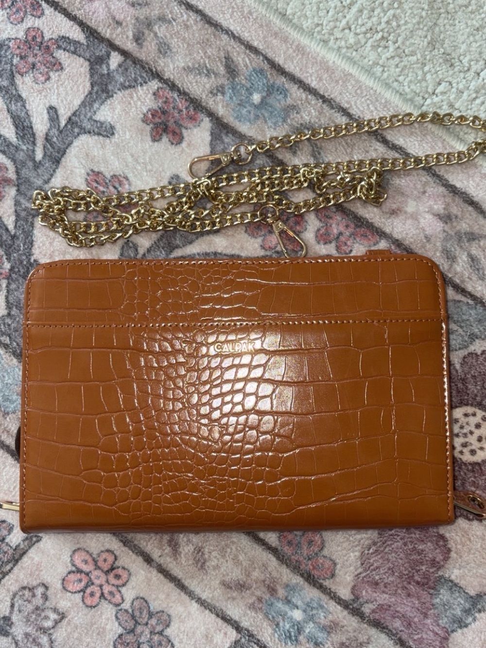 CalPak Croc-Embossed Convertible Crossbody Wallet in Tan